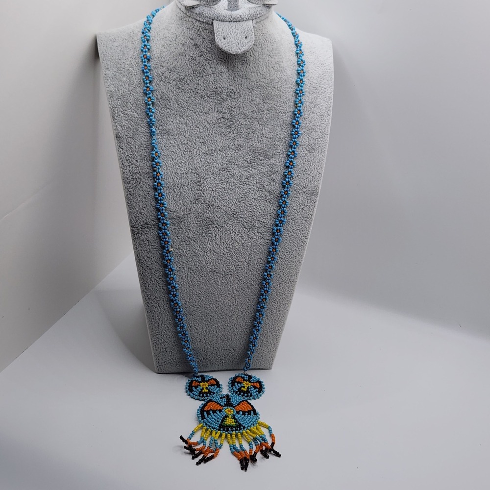 Native‎ Handmade Beaded Bird Necklace Folk Art Seed Bead Boho Fringed Blue - Picture 4 of 6
